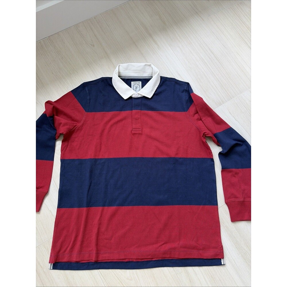 Lands End Fat Stripe Rugby Shirt Crimson Blue Striped Polo Y2K Large Tall Preppy